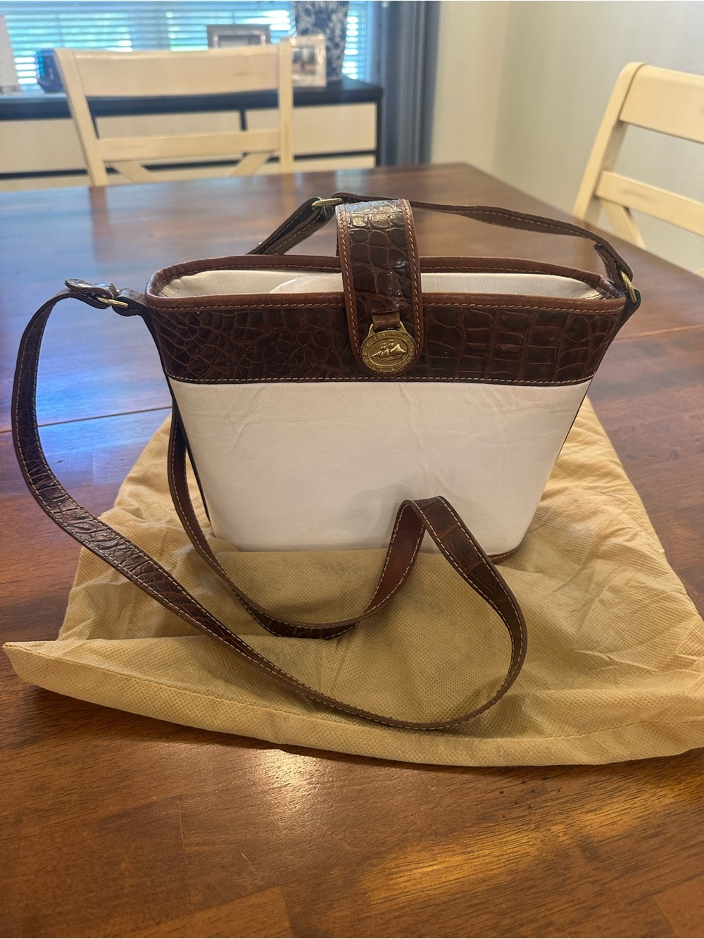 Vintage Brahmin White Body with Brown Croc-Embossed Trim Leather Crossbody Bag